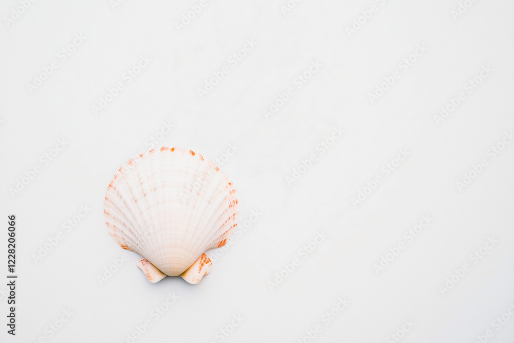Poster seashell minimalism: a delicate, sun-kissed seashell with intricate ridges rests against a pristine 