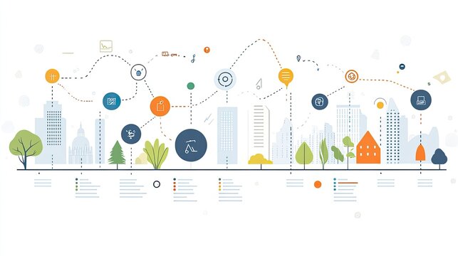 Urban development timeline infographic with city skyline background