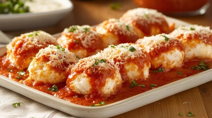 Delicious italian ricotta dumplings with tomato sauce garnished with parmesan and parsley