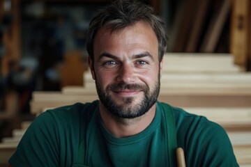 Obraz premium Caucasian male woodworker in workshop smiling at camera National Woodworking Month