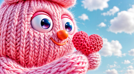 Adorable Fluffy Pink Creature Holding Heart in Vibrant Cloudy Sky