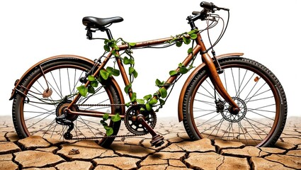 Fototapeta premium A rusted bicycle covered in green vines rests on cracked, arid ground. The white background highlights the contrast between nature and metal decay.