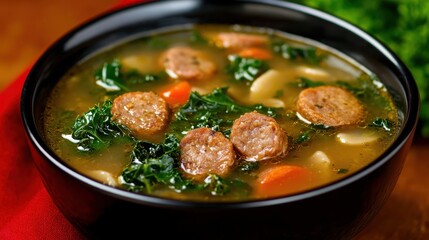 Hearty kale sausage soup with carrots and garlic in black bowl