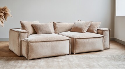 Beige Velvet Modular Sectional Sofa With Cushions