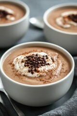 Fototapeta premium Creamy chocolate mousse with whipped cream topping and chocolate chips in white bowls