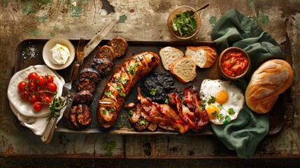 Rustic gourmet breakfast spread with grilled sausage, eggs, and fresh vegetables for relaxing brunch gatherings