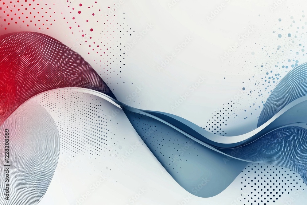 Poster abstract flowing curves in shades of blue and red against a white backdrop accented with dotted patt