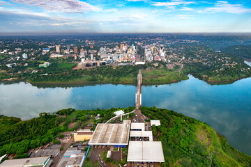 Aerial view of the Paraguayan city of Ciudad del Este and Friendship Bridge, connecting Paraguay...