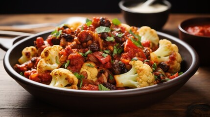 Fototapeta premium Spicy cauliflower and black bean stew with fresh herbs in dark bowl
