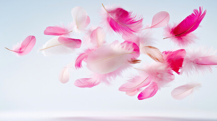 Fototapeta premium Floating Pink Feathers on Light Background Capturing Elegance and Softness in Motion