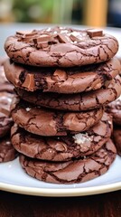 Stack of delicious chocolate cookies with chunky chocolate pieces and sea salt on a plate