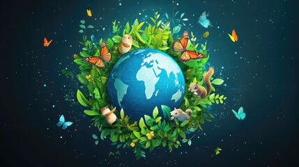 Fototapeta premium Earth Day Globe surrounded by lush greenery, animals, and butterflies, against a dark background. Perfect for environmental campaigns