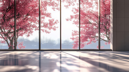 窓越しに見える満開の桜と春の光