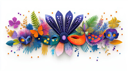 Obraz premium Colorful Papercraft Jungle with Carnival Masks and Tropical Foliage.Mardi Gras concept