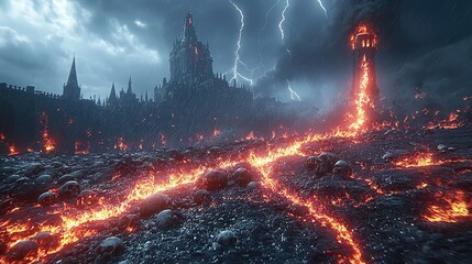 Apocalyptic Wasteland Inferno with Skulls and Fire Towers under Thunderstorm – Vibrant 8K Desolation Scene
