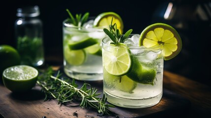 Refreshing lime and rosemary drinks with ice in glasses National Mojito Day