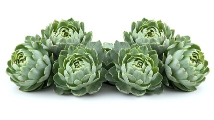 Fototapeta premium Fresh artichokes arranged in row on white background, organic green vegetables isolated for food and culinary design projects.