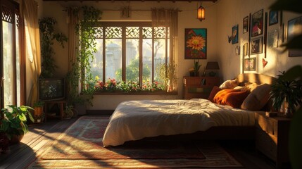 Sunlit Bedroom With Plants And Picturesque View