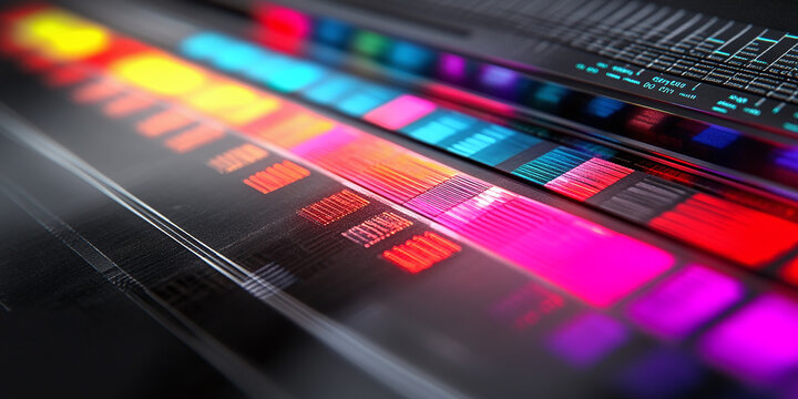 A futuristic close-up of a colorful code editor display with vibrant neon lines, symbolizing digital innovation, programming, and cutting-edge technology in design.