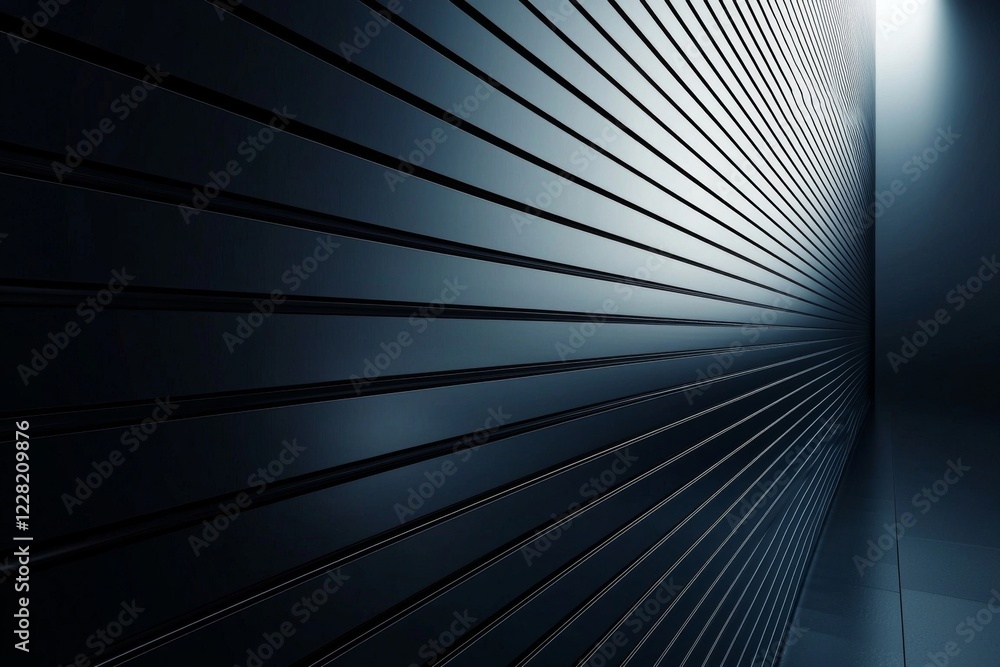 Poster abstract dark metallic wall with parallel lines receding into the distance creating a sense of depth