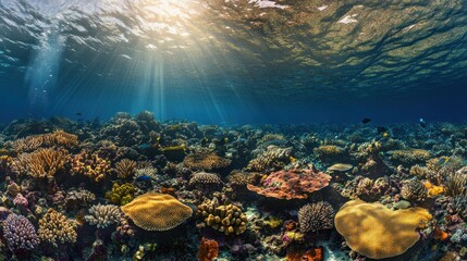 Vibrant Underwater Coral Reef Scene With Sunbeams