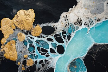 aerial orthographic view of iceland braided glacial rivers where neon-blue meltwater flows through dark volcanic sands