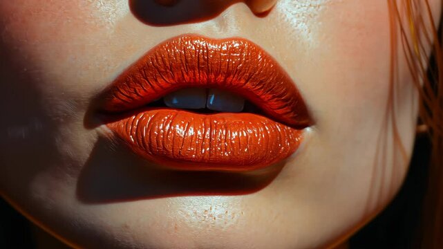 Closeup of glossy red lips in gradual smile transition with dramatic lighting
