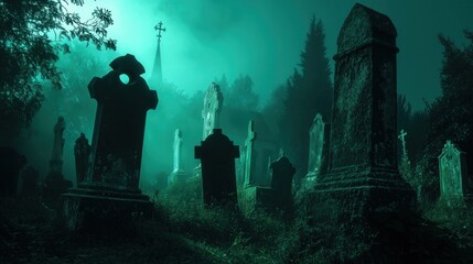 Eerie graveyard scene at night illuminated by green light with tombstones and trees