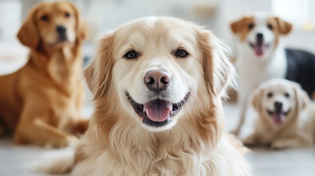Group of happy golden retrievers relaxing indoors Professional Pet Sitters Week