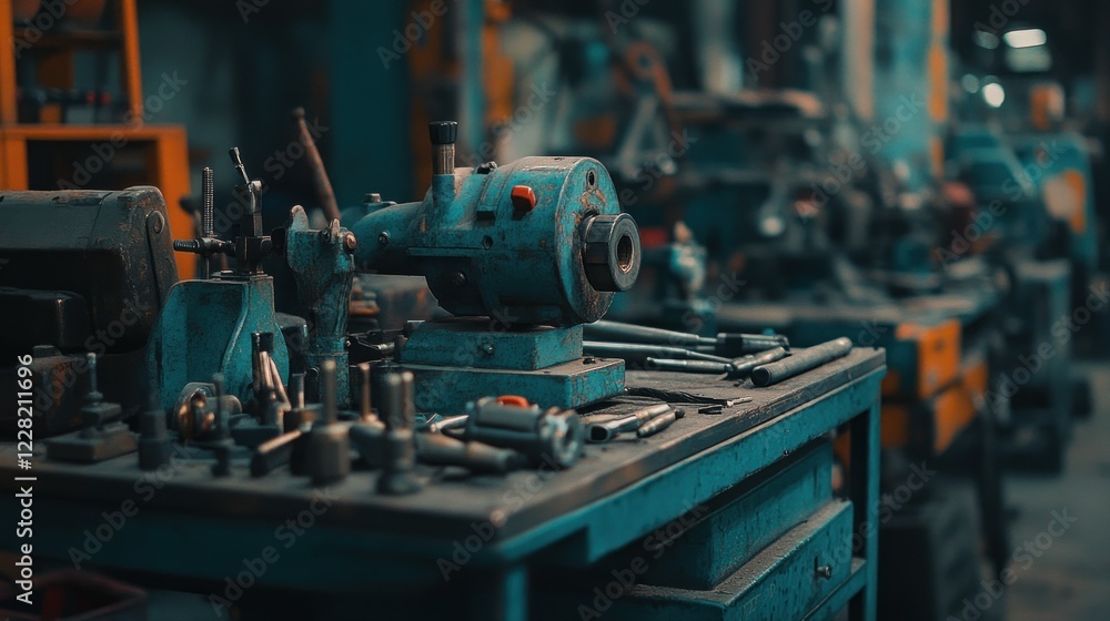 Poster rusty machine tools and equipment in a workshop