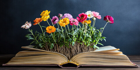 A conceptual image of colorful flowers growing out of an open book, symbolizing creativity, imagination, and the transformative power of stories and knowledge.