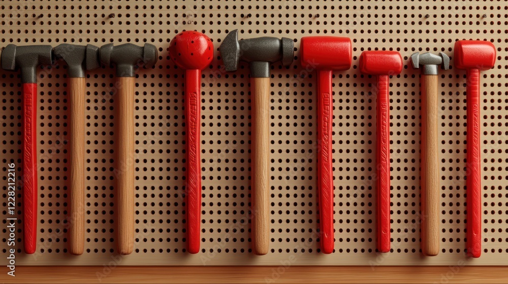 Poster assorted hammers arranged on pegboard wall