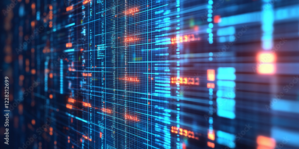 Poster a futuristic digital data visualization featuring glowing grids and interconnected nodes in vibrant 