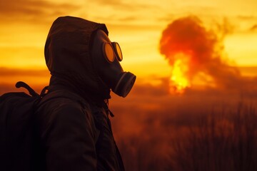 Fototapeta premium A figure in a gas mask remains motionless against an orange-hued sky, illuminated by the glow of a nuclear blast. The atmosphere is tense and foreboding, hinting at danger