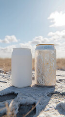 Naklejka premium A can of white paint to create a background with mud, reeds, and sky.