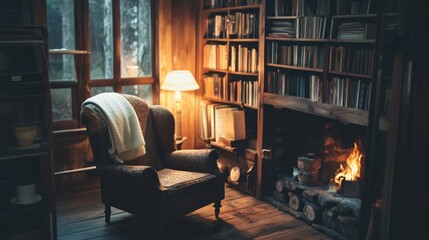 Cozy Cabin Reading Nook Fireplace And Bookshelves