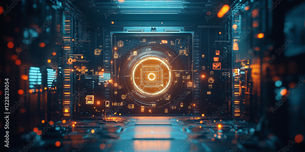 Poster a glowing digital vault surrounded by security icons and intricate neon circuits, symbolizing data e