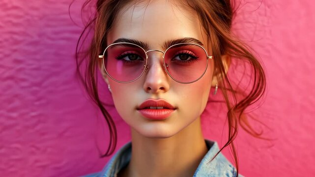 Fashion model posing in trendy sunglasses against vibrant pink wall