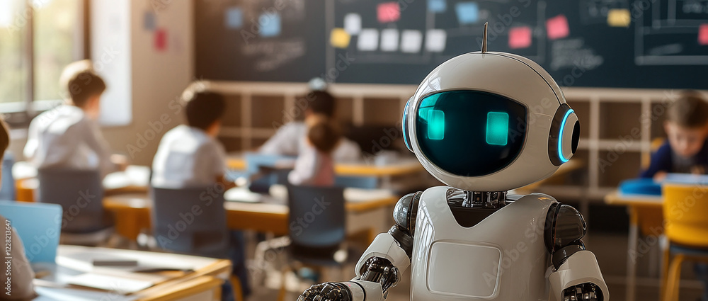 Poster a futuristic classroom featuring a robotic teacher interacting with students, symbolizing the integr