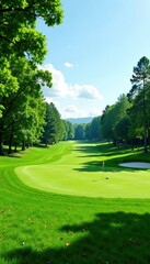 Fototapeta premium Lush green golf course fairway, sunlit texture, tranquility, blades of grass