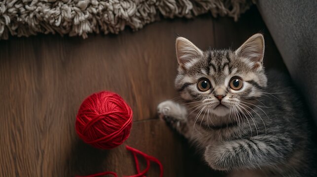 Adorable gray tabby kitten lying on wooden floor next to a bright red ball of yarn, surrounded by soft textures and natural light