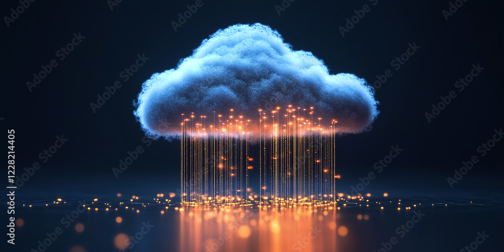 Poster a glowing cloud emits streams of light and data, symbolizing the concept of cloud computing, digital
