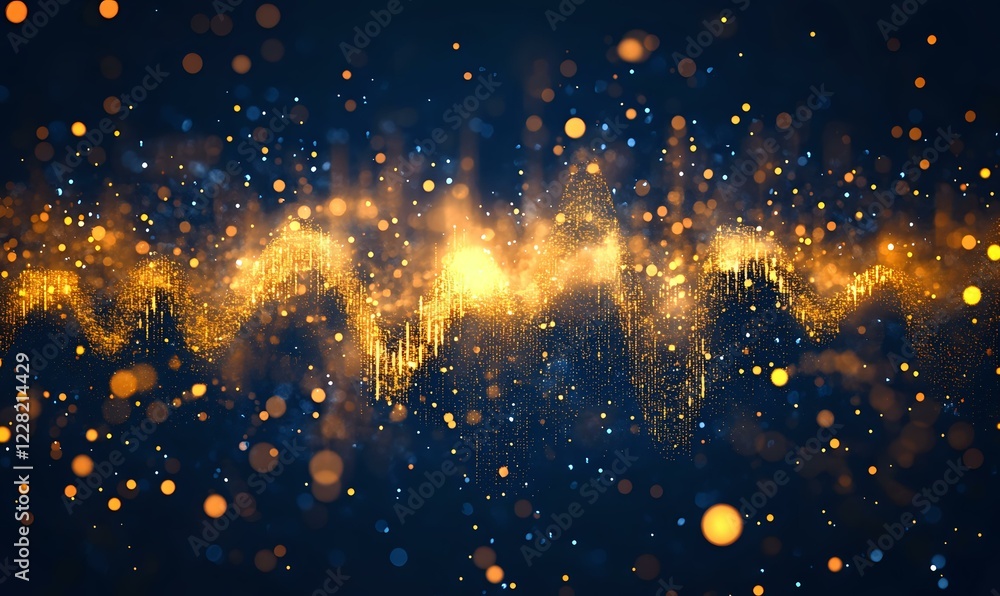 Poster abstract golden wave with glowing particles and light effects on dark blue background, magical spark