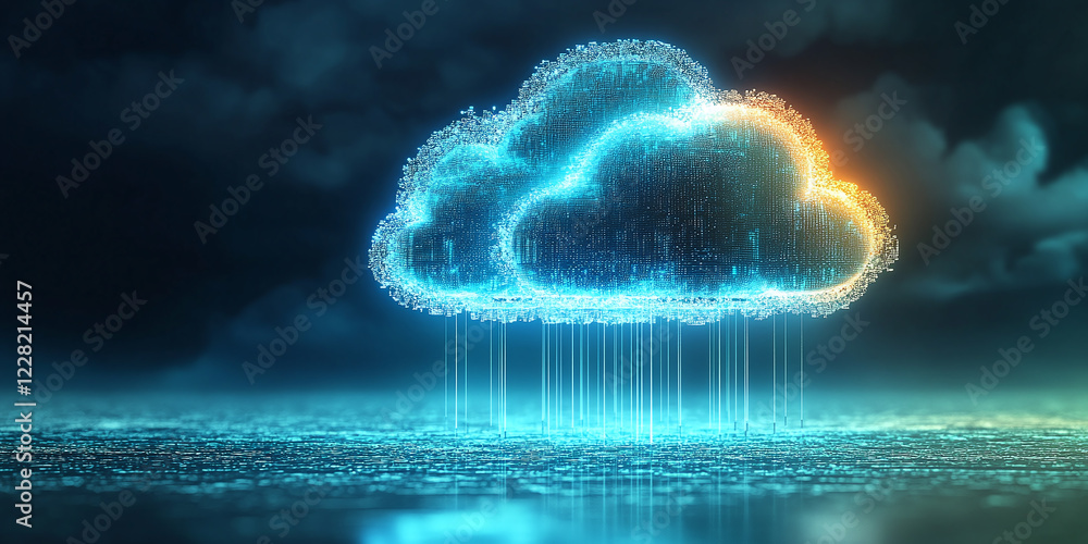 Poster a glowing cloud emits streams of light and data, symbolizing the concept of cloud computing, digital
