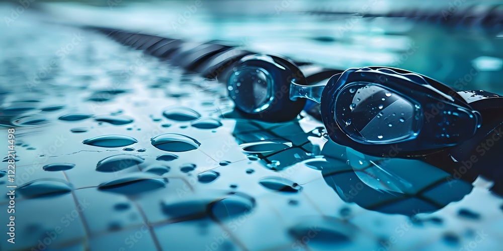 Poster swimming goggles on wet surface with water drops in blue tones, close-up view showing reflection and