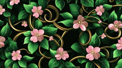 Pink flowers, gold vines, dark green leaves, seamless pattern, textile design