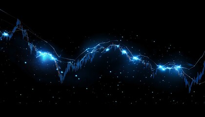 Glowing blue financial chart with lightning effect on dark background shows market volatility and trading analysis data visualization for business concept.