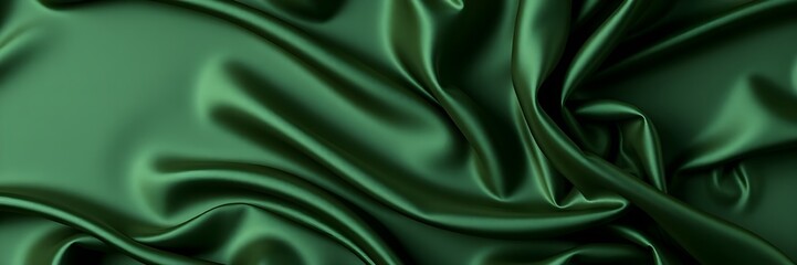 Obraz premium High-resolution stock photo Wide banner, top-view flat lay of dark green silk satin with soft folds. 