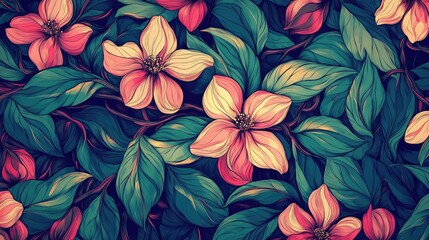 Pink floral design, lush foliage, vintage style, website background, textile print