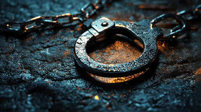 Closeup of metallic handcuffs on rough surface with changing light angles